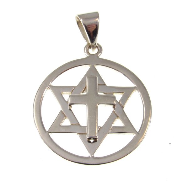 Solid 925 Sterling Silver Star of David Christian Jewish Cross Pendant - Picture 1 of 5